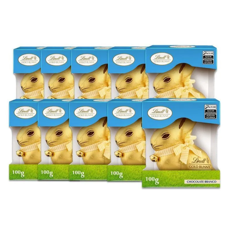 Chocolate Suíço Lindt Branco Kit 10 Coelhos Gold Bunny 100g