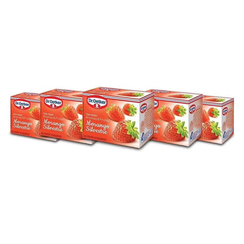 Chá Dr. Oetker Morango Silvestre Kit 5 Caixas 10 Saquinhos