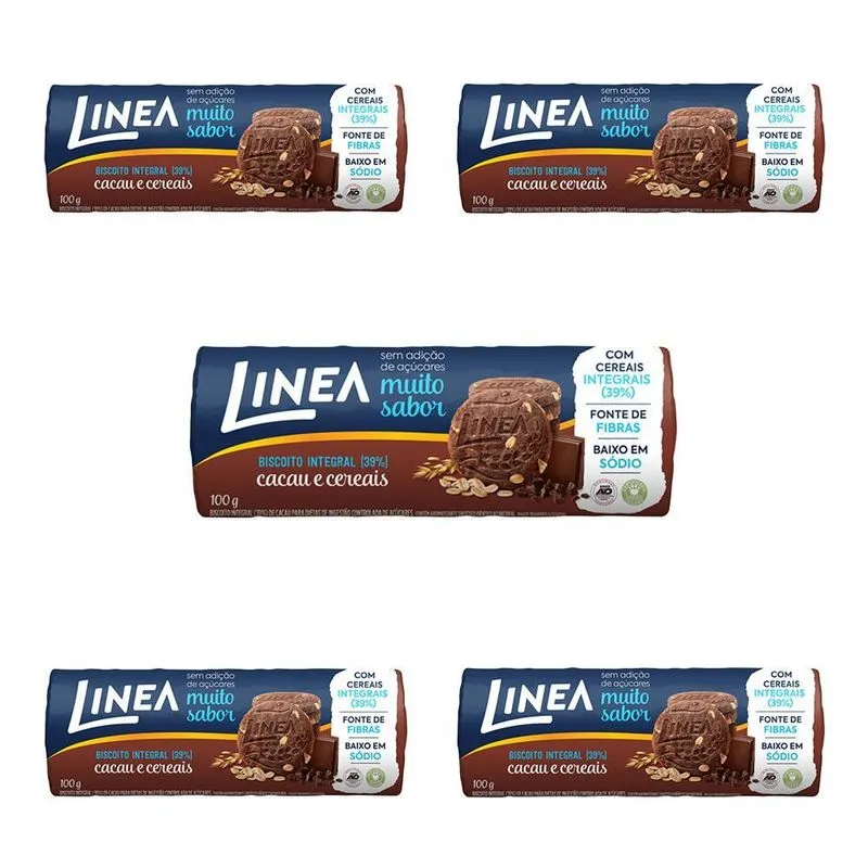 Biscoito Integral Linea Cacau E Cereais Kit 5 Unid De 120g