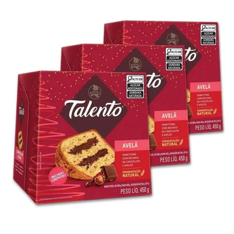 Panettone Chocolate Talento Com Avelãs Kit 3 Un Garoto 450g