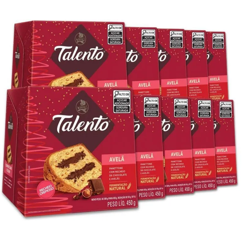 Panettone Chocolate Talento Com Avelãs Kit 10 Un Garoto 450g