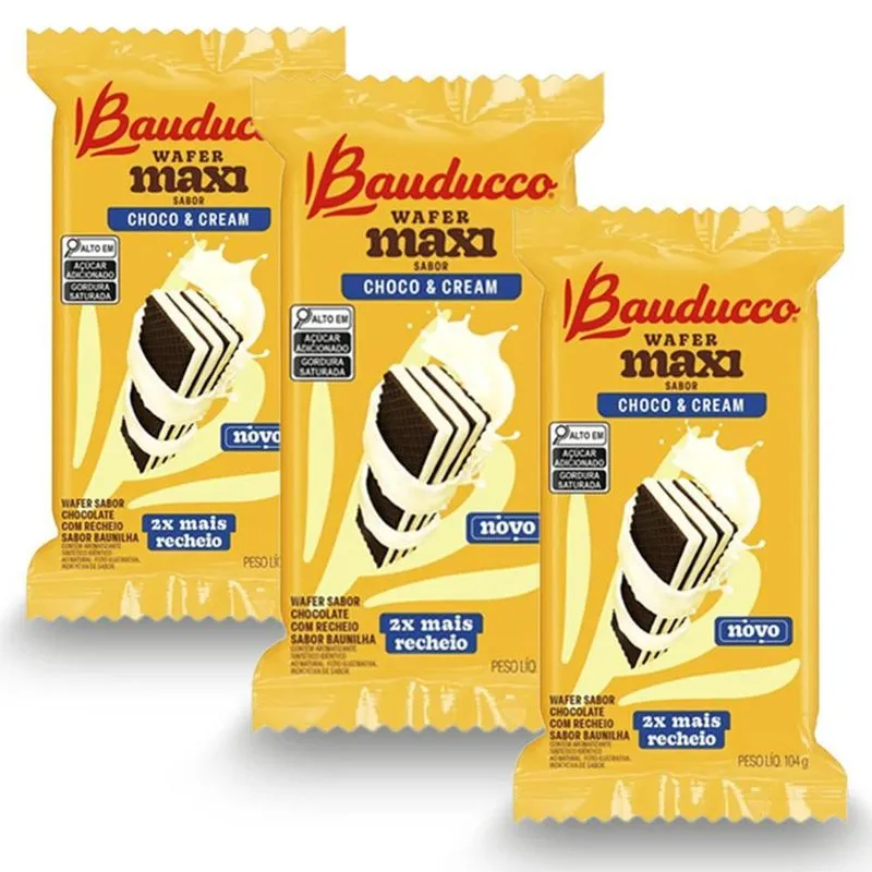 Biscoito Wafer Bauducco Maxi Choco Cream Kit 3 Pacotes 104g
