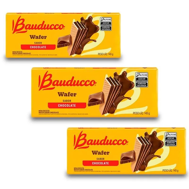 Biscoito Wafer Bauducco Chocolate Kit 3 Pacotes De 140g