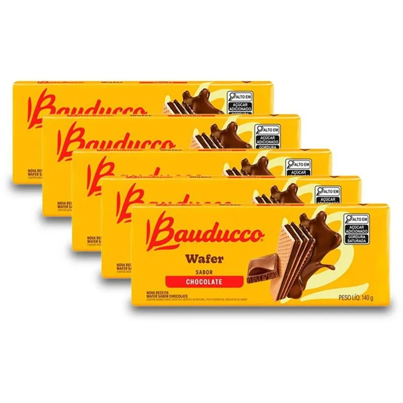 Biscoito Wafer Bauducco Chocolate Kit 5 Pacotes De 140g
