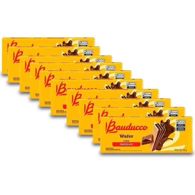 Biscoito Wafer Bauducco Chocolate Kit 10 Pacotes De 140g