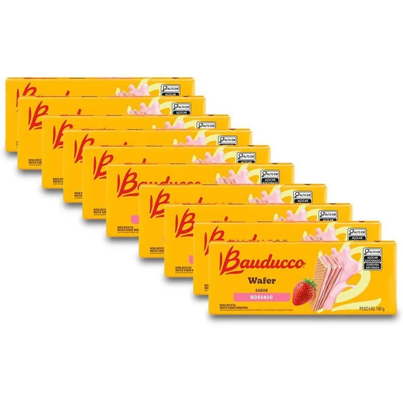 Biscoito Wafer Bauducco Morango Kit 10 Pacotes De 140g