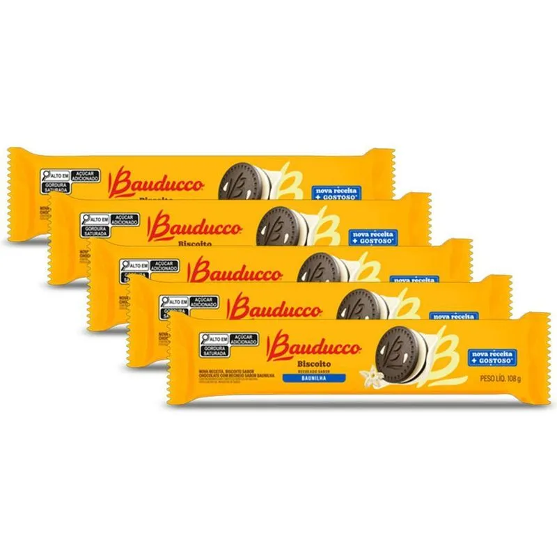 Biscoito Recheadinho Bauducco Baunilha Kit 5 Pacotes De 108g