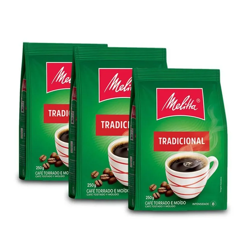 Café Moído Melitta Tradicional Kit 3 Pacotes De 250g