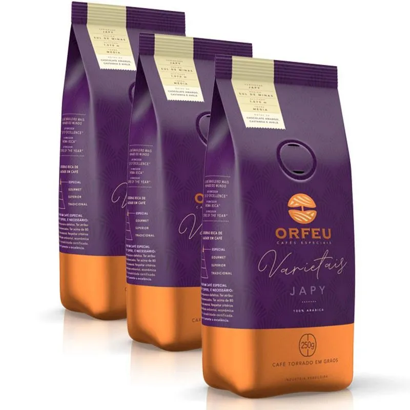 Café Em Grãos Premium Orfeu Japy Kit 3 Pacotes De 250g