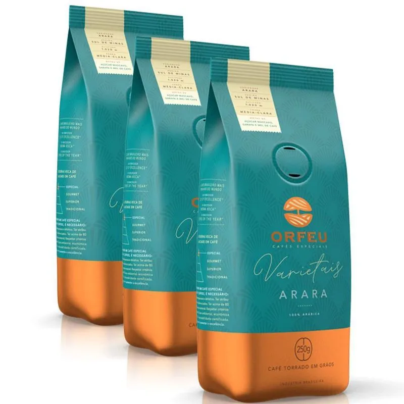 Café Em Grãos Premium Orfeu Arara Kit 3 Pacotes De 250g