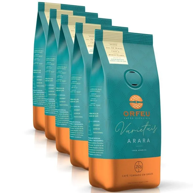 Café Em Grãos Premium Orfeu Arara Kit 5 Pacotes De 250g