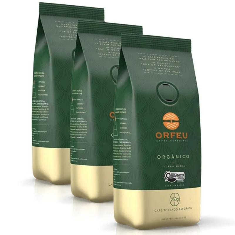 Café Em Grãos Premium Orfeu Orgânico Kit 3 Pacotes De 250g
