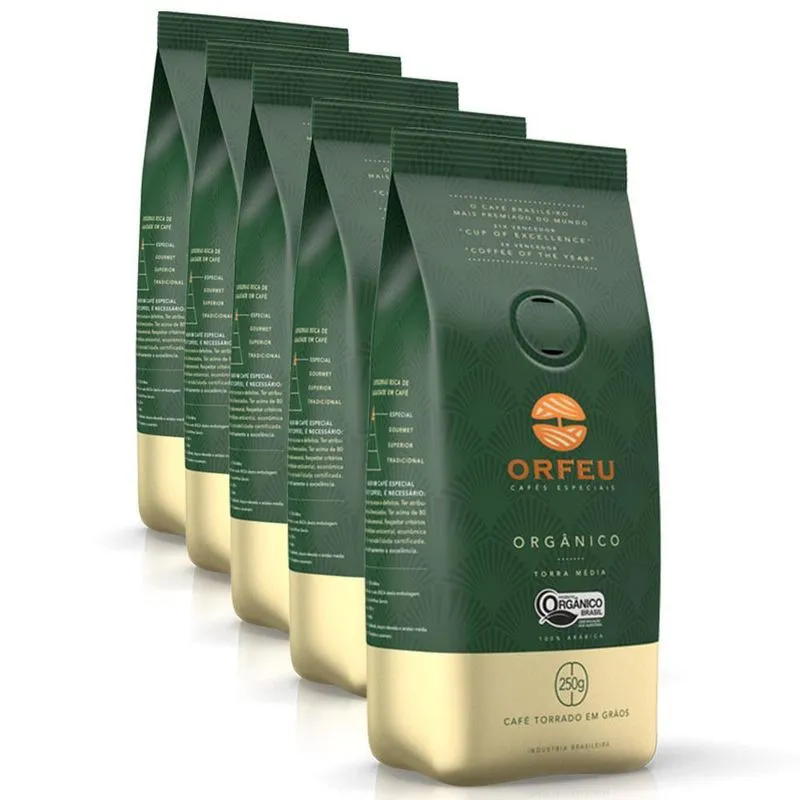 Café Em Grãos Premium Orfeu Orgânico Kit 5 Pacotes De 250g