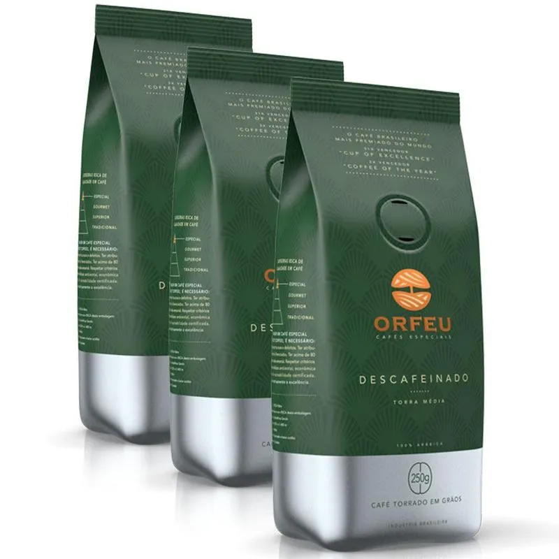 Café Em Grãos Premium Orfeu Descafeinado Kit 3 Pacotes 250g