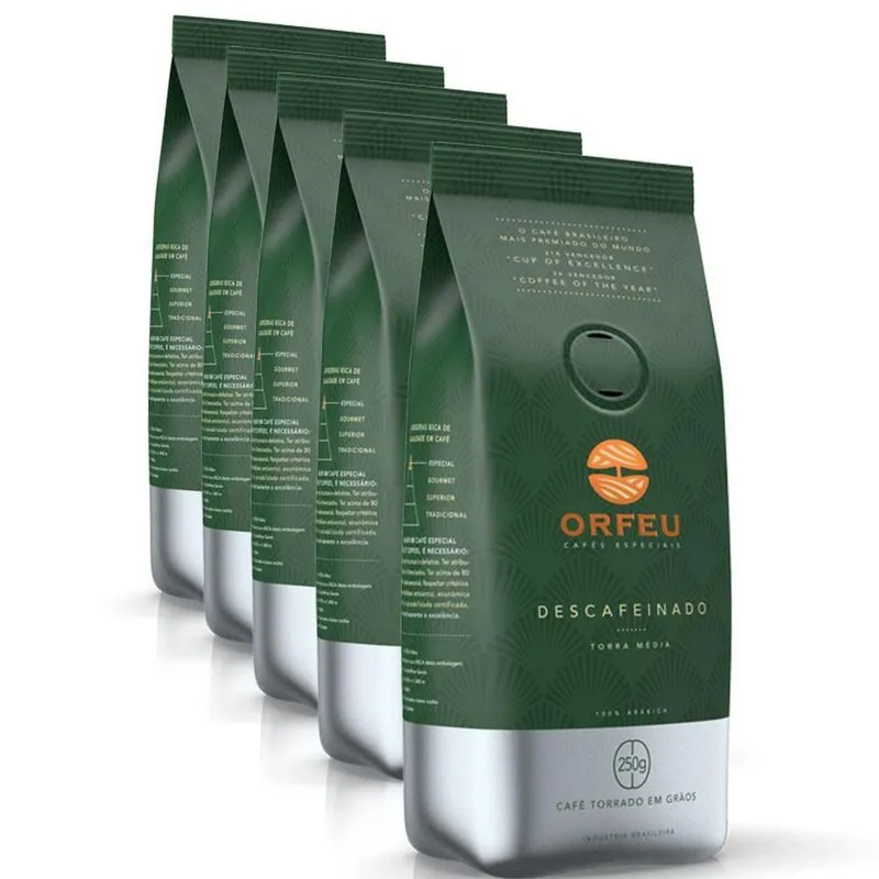 Café Em Grãos Premium Orfeu Descafeinado Kit 5 Pacotes 250g