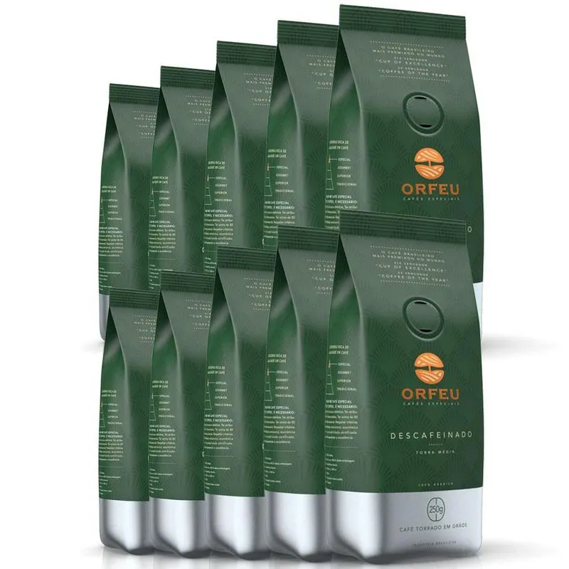Café Em Grãos Premium Orfeu Descafeinado Kit 10 Pacotes 250g