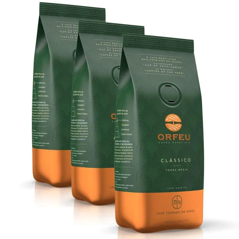 Café Em Grãos Premium Orfeu Clássico Kit 3 Pacotes De 250g