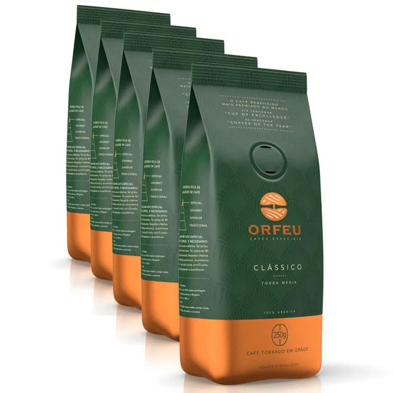 Café Em Grãos Premium Orfeu Clássico Kit 5 Pacotes De 250g