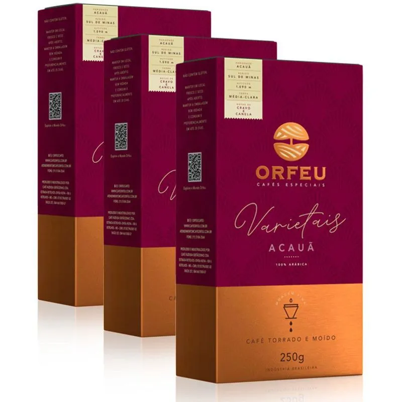 Café Moído Premium Orfeu Sabor Acauã Kit 3 Pacotes De 250g
