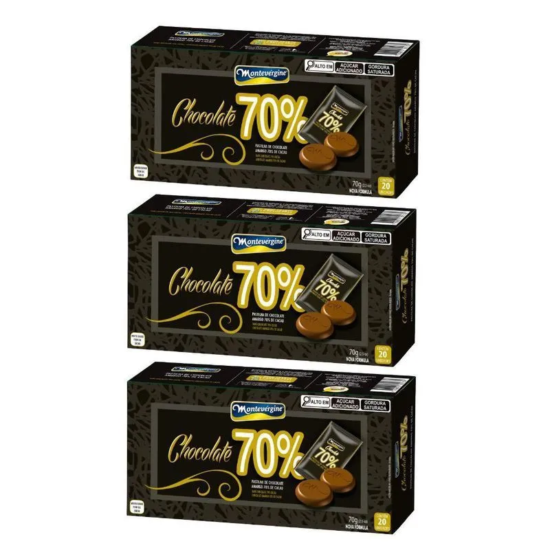 Pastilhas De Chocolate, Montevérgine 70% Cacau, 3 Caixas 70g
