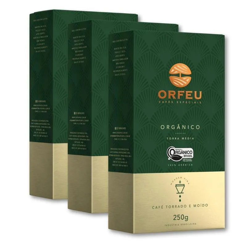 Café Torrado E Moído Orgânico Orfeu Kit 3 Pacotes 250g