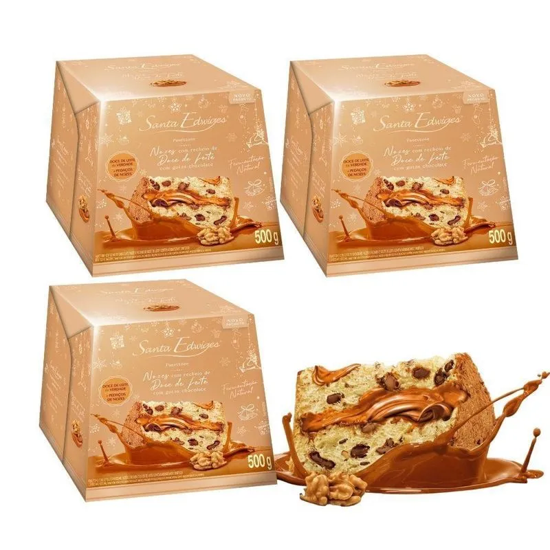 Kit 3 Panetone Premium Recheado Doce De Leite Com Nozes 500g