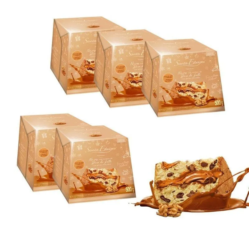 Kit 5 Panetone Premium Recheado Doce De Leite Com Nozes 500g