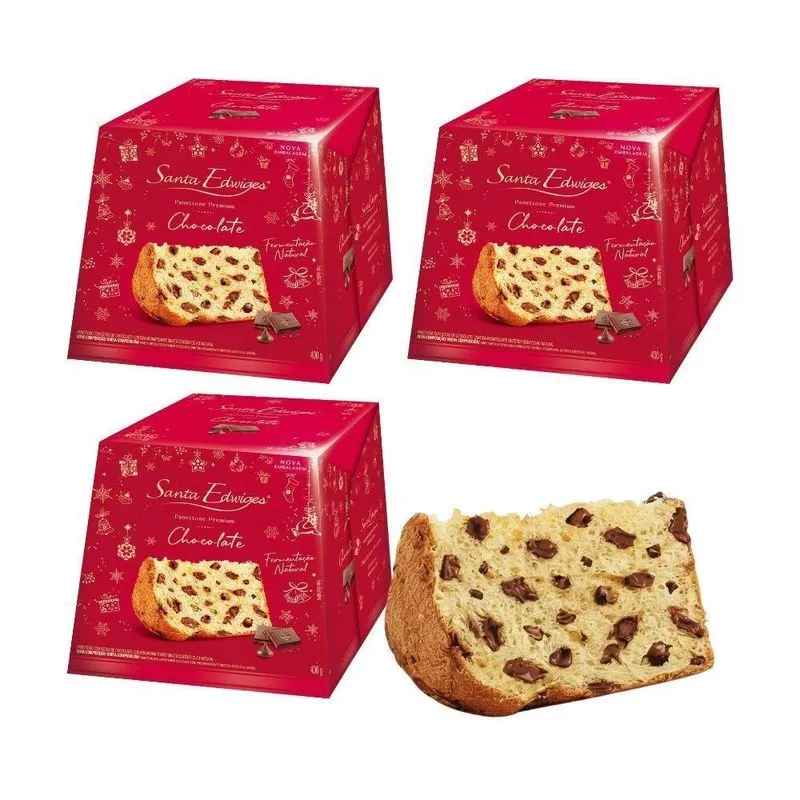3 Panetone Premium Com Gotas De Chocolate 400g Santa Edwiges