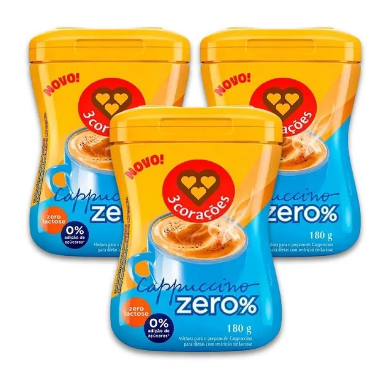 Cappuccino Zero Açúcar E Lactose 3 Corações Kit 3 Unid 180g