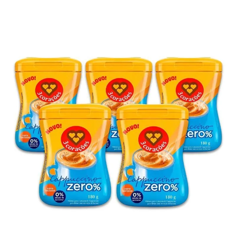 Cappuccino Zero Açúcar E Lactose 3 Corações Kit 5 Unid 180g