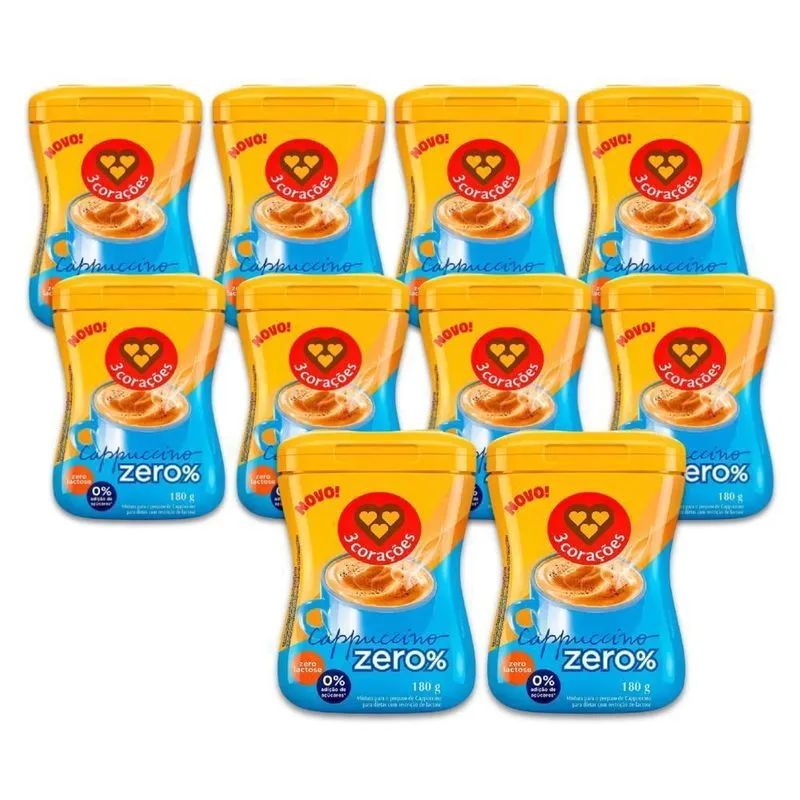 Cappuccino Zero Açúcar E Lactose 3 Corações Kit 10 Unid 180g