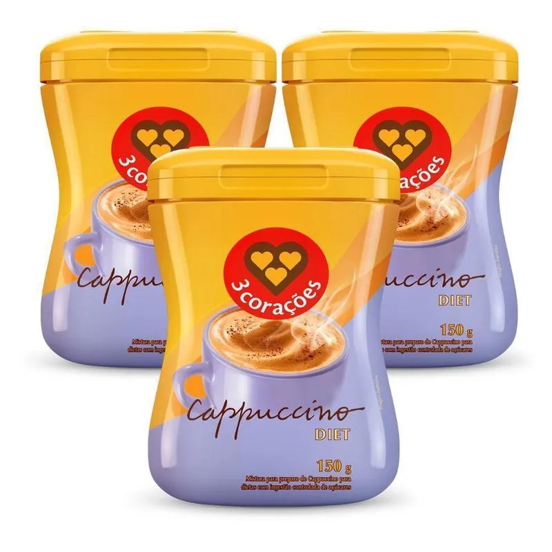 Cappuccino Diet Solúvel 3 Corações Kit 3 Unidades 150g