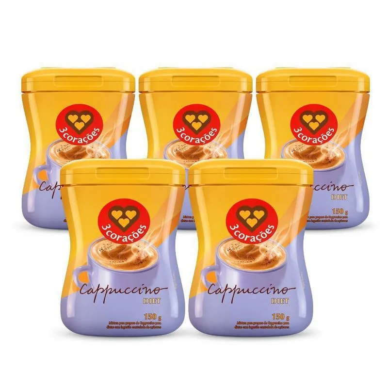 Cappuccino Diet Solúvel 3 Corações Kit 5 Unidades 150g