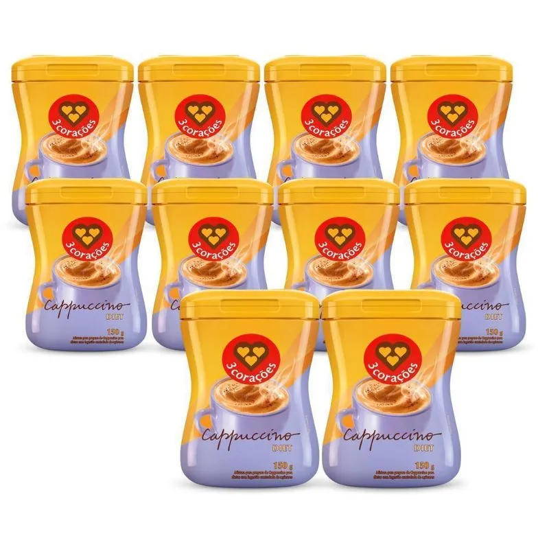 Cappuccino Diet Solúvel 3 Corações Kit 10 Unidades 150g