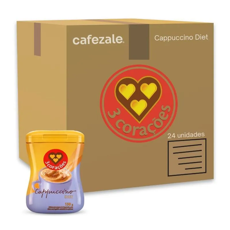 Cappuccino Diet Solúvel 3 Corações Kit 24 Unidades 150g