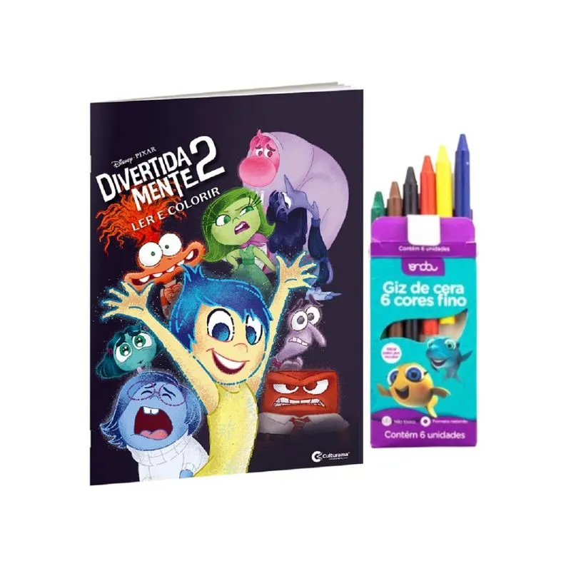 Kit Ler e Colorir Divertida Mente 2 + Giz de Cera Fino 6 Cores