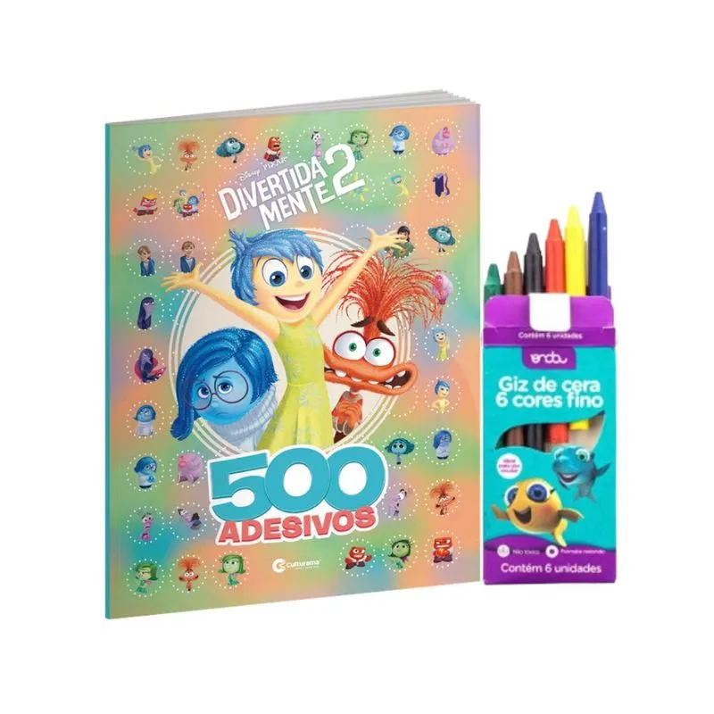 Kit 500 Adesivos Divertida Mente 2 + Giz de Cera Fino 6 Cores