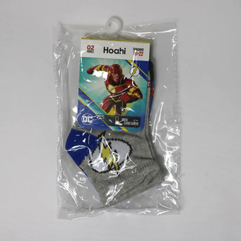 Kit 2 Pares Meia Cano Curto Infantil Warner Bros Flash Algodão Cinza e Azul