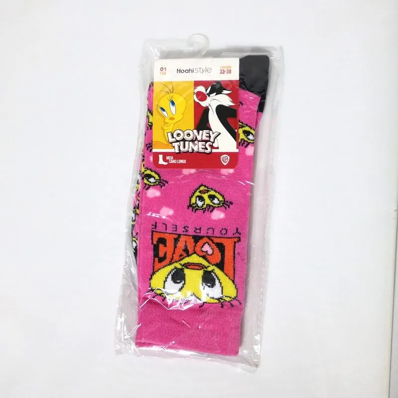 Meia Cano Longo Looney Tunes Altomax Algodão Rosa