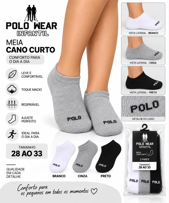 MEIA INFANTIL POLO WEAR CANO CURTO KIT 3 PARES TAMANHO 28 AO 33