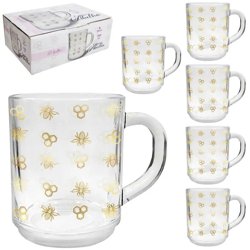 Jogo De Caneca Xícara De Vidro Facilite 6 Peças 250ml Abelha