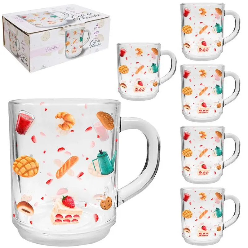Caneca Xícara De Vidro Facilite 6 Peças 250ml Café Da Manhã