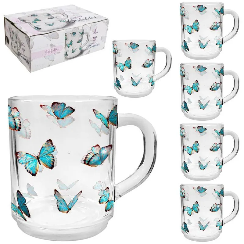 Jogo Caneca Xícara Vidro Facilite 6 Peças 250ml Borboletas
