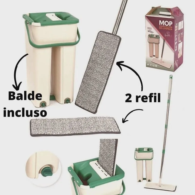 Rodo Flat Mop E Balde Lava E Seca Profissional Com 2 Refil Lava e Seca Limpeza Multiuso