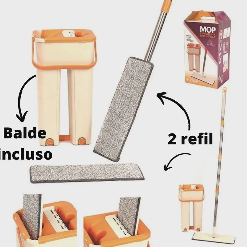 Rodo Flat Mop E Balde Lava E Seca Profissional Com 2 Refil