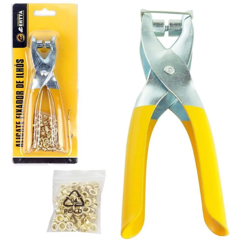 Alicate Para Ilhos 6'' Cabo Amarelo + 100 Ilhoses Na Cartela