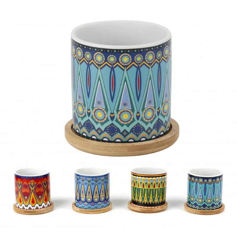 Cachepot Vaso Cerâmica base Bambu Tribal Estampado