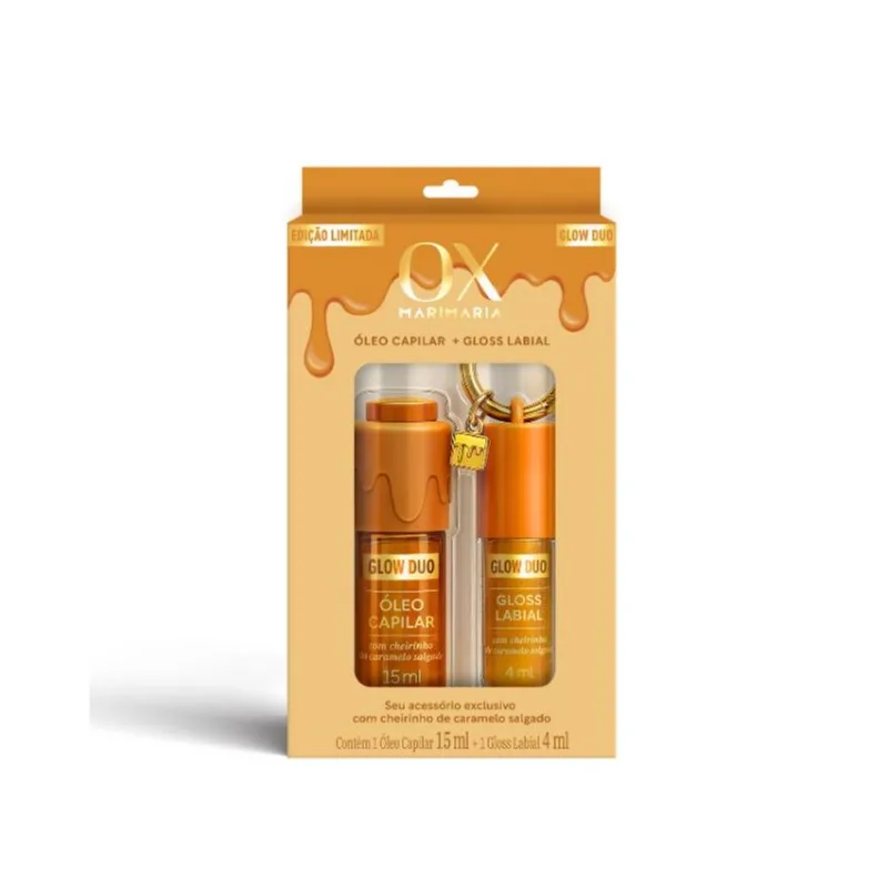 Kit OX Mari Maria Glow Duo Óleo Capilar 15ml + Gloss Labial 4ml Caramelo Salgado KIT OX MARI MARIA GLOW DUO OLEO CAB 15ML