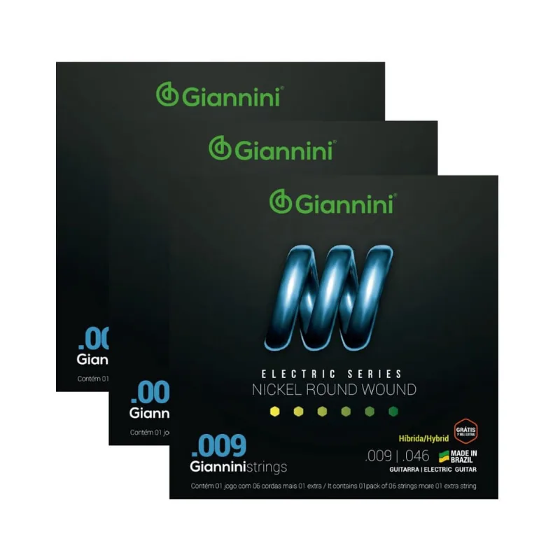 Kit 3 Encordoamento Guitarra Giannini Híbrida Electric GEEGSTH9 Nickel.009