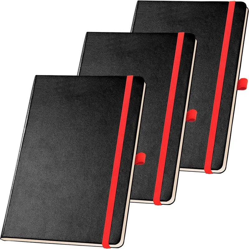 3x Caderneta de Anotações 13,7x21cm 80 Fls Pautadas Preto e Vermelho